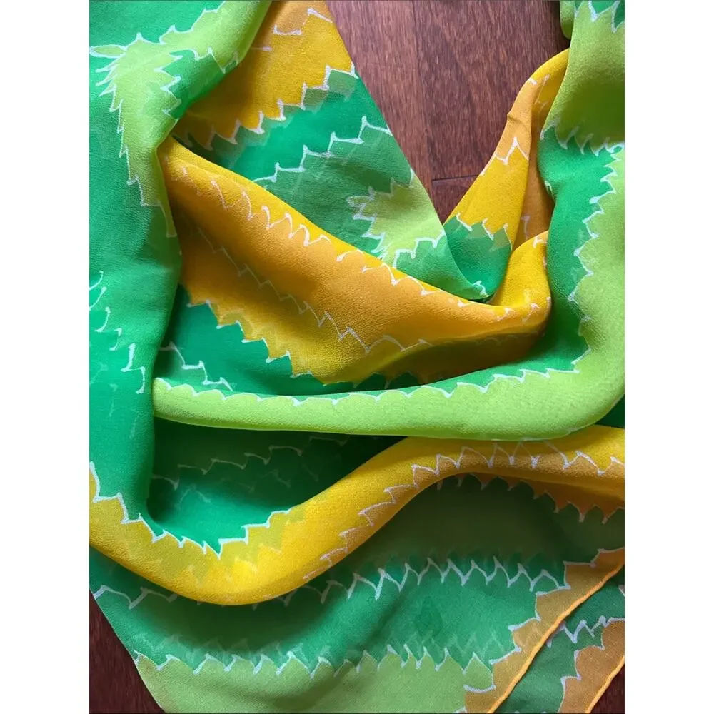 Vintage Silky Lightweight Green and Yellow Geometric Scarf